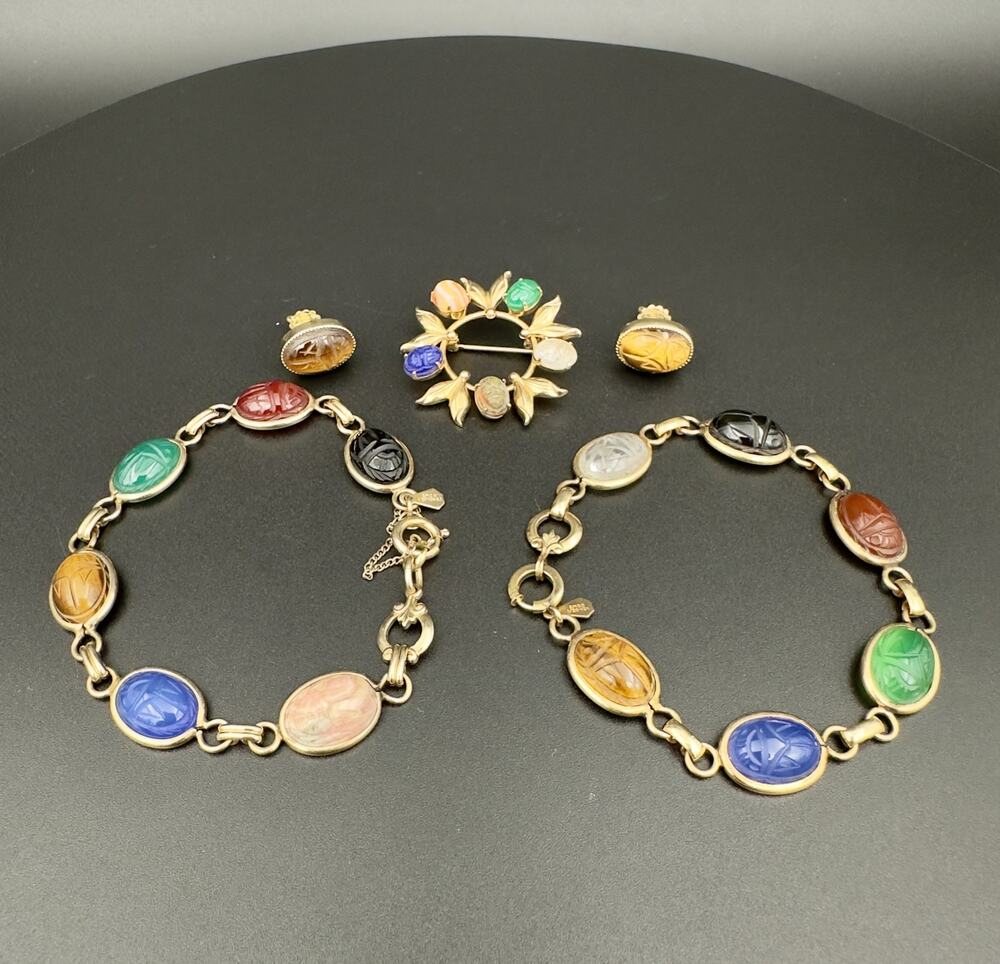 Vintage AMCO 12K GF Egyptian Revival Scarab Jewelry Suite 2 Bracelets Brooch
